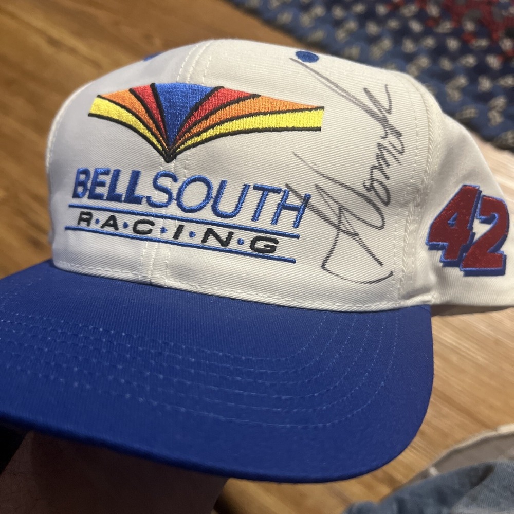 Signed Bell South Racing Joe Nemechek #42 Vintage SnapBack Hat Nascar White Blue
